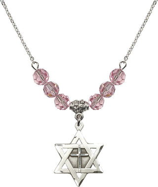 18" Rhodium Plated Necklace with 4mm Light Rose Crystal Beads featuring a Sterling Silver Star of David with Cross Medal.