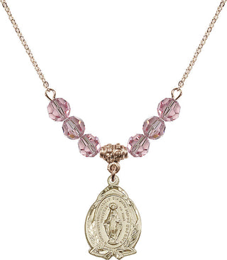 18" Hamilton Gold Plated Necklace with 4mm Light Rose Crystal Beads featuring a 14kt Gold Filled Miraculous Medal.