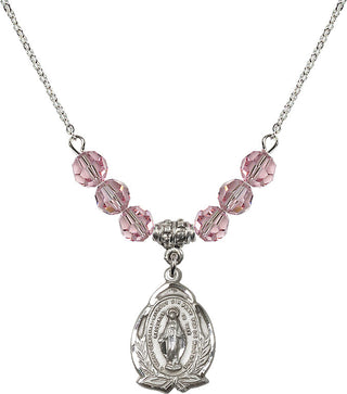 18" Rhodium Plated Necklace with 4mm Light Rose Crystal Beads featuring a Sterling Silver Miraculous Medal.