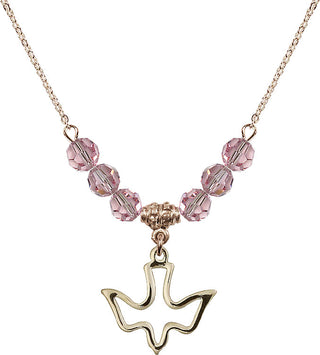 18" Hamilton Gold Plated Necklace with 4mm Light Rose Crystal Beads featuring a 14kt Gold Filled Holy Spirit Medal.