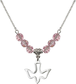 18" Rhodium Plated Necklace with 4mm Light Rose Crystal Beads featuring a Sterling Silver Holy Spirit Medal.