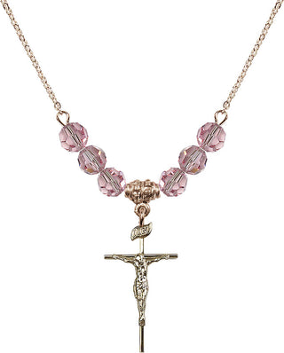18" Hamilton Gold Plated Necklace with 4mm Light Rose Crystal Beads featuring a 14kt Gold Filled Crucifix Medal.