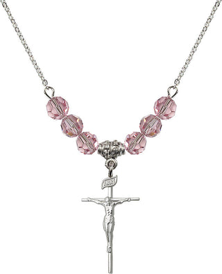 18" Rhodium Plated Necklace with 4mm Light Rose Crystal Beads featuring a Sterling Silver Crucifix Medal.