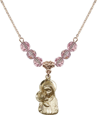 18" Hamilton Gold Plated Necklace with 4mm Light Rose Crystal Beads featuring a 14kt Gold Filled Madonna & Child Medal.