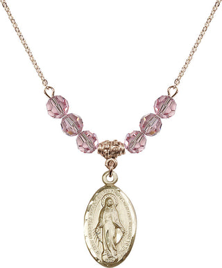 18" Hamilton Gold Plated Necklace with 4mm Light Rose Crystal Beads featuring a 14kt Gold Filled Miraculous Medal.