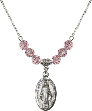 18" Rhodium Plated Necklace with 4mm Light Rose Crystal Beads featuring a Sterling Silver Miraculous Medal.