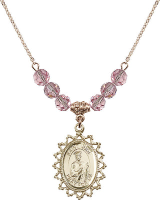 18" Hamilton Gold Plated Necklace with 4mm Light Rose Crystal Beads featuring a 14kt Gold Filled Saint Jude Medal.
