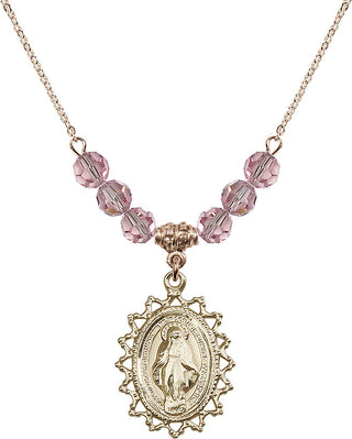 18" Hamilton Gold Plated Necklace with 4mm Light Rose Crystal Beads featuring a 14kt Gold Filled Miraculous Medal.