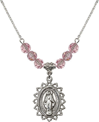 18" Rhodium Plated Necklace with 4mm Light Rose Crystal Beads featuring a Sterling Silver Miraculous Medal.