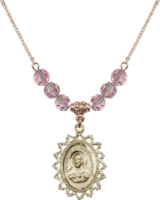 18" Hamilton Gold Plated Necklace with 4mm Light Rose Crystal Beads featuring a 14kt Gold Filled Scapular Medal.