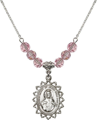 18" Rhodium Plated Necklace with 4mm Light Rose Crystal Beads featuring a Sterling Silver Scapular Medal.