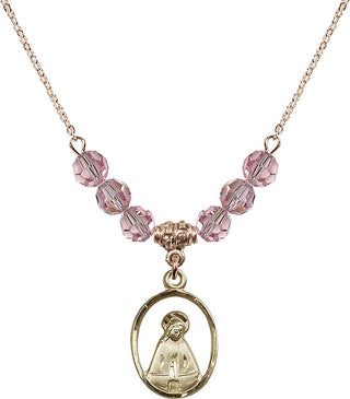 18" Hamilton Gold Plated Necklace with 4mm Light Rose Crystal Beads featuring a 14kt Gold Filled Madonna Medal.