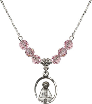 18" Rhodium Plated Necklace with 4mm Light Rose Crystal Beads featuring a Sterling Silver Madonna Medal.