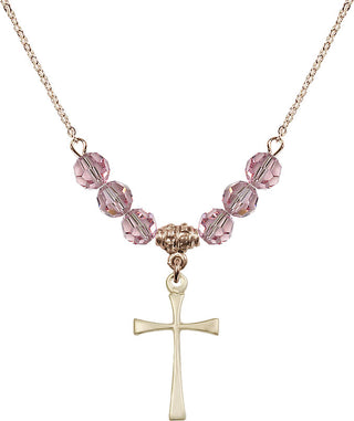 18" Hamilton Gold Plated Necklace with 4mm Light Rose Crystal Beads featuring a 14kt Gold Filled Maltese Cross Medal.