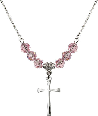 18" Rhodium Plated Necklace with 4mm Light Rose Crystal Beads featuring a Sterling Silver Maltese Cross Medal.