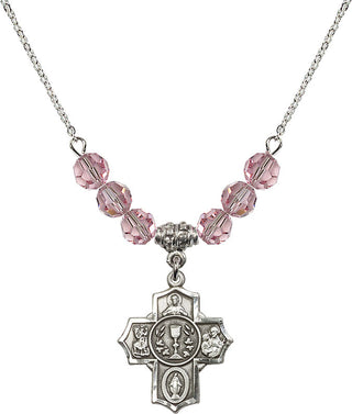 18" Rhodium Plated Necklace with 4mm Light Rose Crystal Beads featuring a Sterling Silver Communion/5-Way Medal.