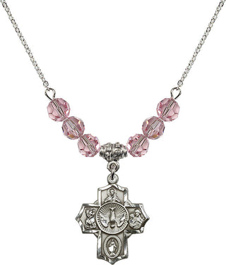 18" Rhodium Plated Necklace with 4mm Light Rose Crystal Beads featuring a Sterling Silver 5-Way Medal.
