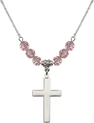 18" Rhodium Plated Necklace with 4mm Light Rose Crystal Beads featuring a Sterling Silver Cross Medal.