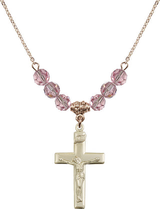 18" Hamilton Gold Plated Necklace with 4mm Light Rose Crystal Beads featuring a 14kt Gold Filled Crucifix Medal.