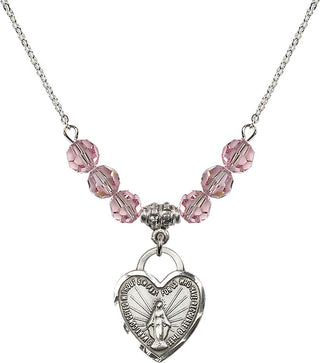 18" Rhodium Plated Necklace with 4mm Light Rose Crystal Beads featuring a Sterling Silver Miraculous Heart Medal. Engraved Catholic Saint Jewelry
