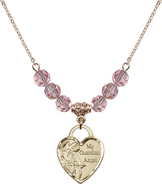 18" Hamilton Gold Plated Necklace with 4mm Light Rose Crystal Beads featuring a 14kt Gold Filled Guardian Angel Heart Medal. Engraved Catholic Saint Jewelry