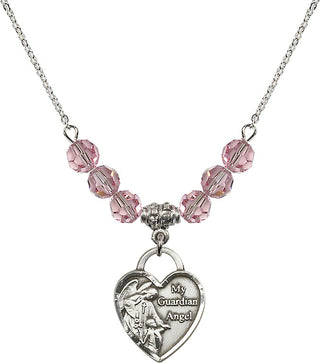 18" Rhodium Plated Necklace with 4mm Light Rose Crystal Beads featuring a Sterling Silver Guardian Angel Heart Medal. Engraved Catholic Saint Jewelry