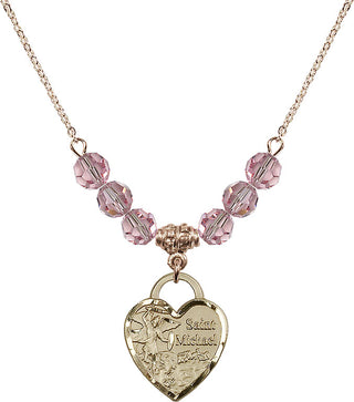 18" Hamilton Gold Plated Necklace with 4mm Light Rose Crystal Beads featuring a 14kt Gold Filled Saint Michael the Archangel Medal. Engraved Catholic Saint Jewelry