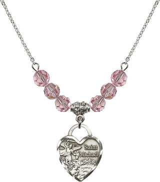 18" Rhodium Plated Necklace with 4mm Light Rose Crystal Beads featuring a Sterling Silver Saint Michael the Archangel Medal. Engraved Catholic Saint Jewelry