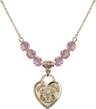 18" Hamilton Gold Plated Necklace with 4mm Light Rose Crystal Beads featuring a 14kt Gold Filled Communion Heart Medal. Engraved Catholic Saint Jewelry