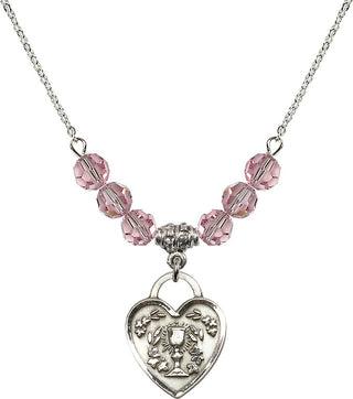 18" Rhodium Plated Necklace with 4mm Light Rose Crystal Beads featuring a Sterling Silver Communion Heart Medal. Engraved Catholic Saint Jewelry