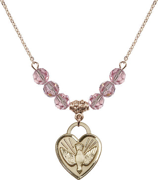 18" Hamilton Gold Plated Necklace with 4mm Light Rose Crystal Beads featuring a 14kt Gold Filled Confirmation Heart Medal. Engraved Catholic Saint Jewelry