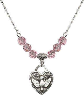 18" Rhodium Plated Necklace with 4mm Light Rose Crystal Beads featuring a Sterling Silver Confirmation Heart Medal. Engraved Catholic Saint Jewelry