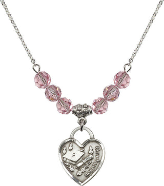 18" Rhodium Plated Necklace with 4mm Light Rose Crystal Beads featuring a Sterling Silver Graduation Heart Medal. Engraved Catholic Saint Jewelry