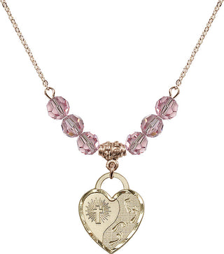 18" Hamilton Gold Plated Necklace with 4mm Light Rose Crystal Beads featuring a 14kt Gold Filled Footprints Heart Medal. Engraved Catholic Saint Jewelry
