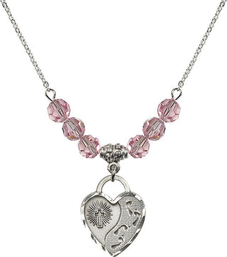 18" Rhodium Plated Necklace with 4mm Light Rose Crystal Beads featuring a Sterling Silver Footprints Heart Medal. Engraved Catholic Saint Jewelry
