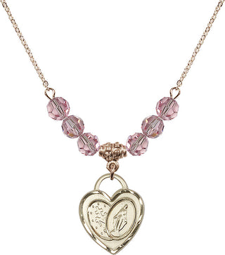 18" Hamilton Gold Plated Necklace with 4mm Light Rose Crystal Beads featuring a 14kt Gold Filled Miraculous Heart Medal.