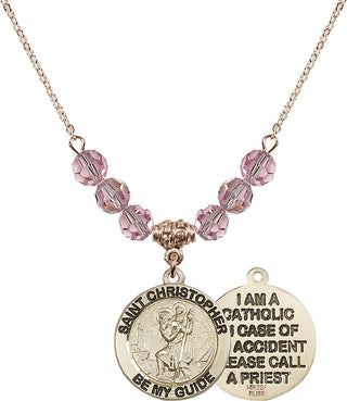 18" Hamilton Gold Plated Necklace with 4mm Light Rose Crystal Beads featuring a 14kt Gold Filled Saint Christopher Medal.
