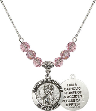 18" Rhodium Plated Necklace with 4mm Light Rose Crystal Beads featuring a Sterling Silver Saint Christopher Medal.