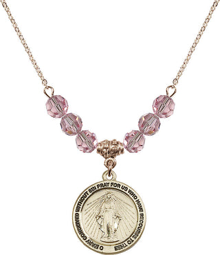 18" Hamilton Gold Plated Necklace with 4mm Light Rose Crystal Beads featuring a 14kt Gold Filled Miraculous Medal.