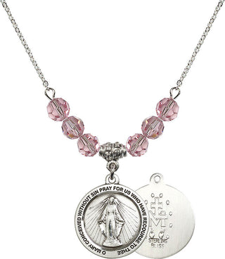 18" Rhodium Plated Necklace with 4mm Light Rose Crystal Beads featuring a Sterling Silver Miraculous Medal.