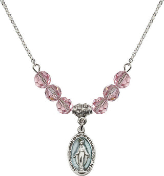 18" Rhodium Plated Necklace with 4mm Light Rose Crystal Beads featuring a Sterling Silver Miraculous Medal.