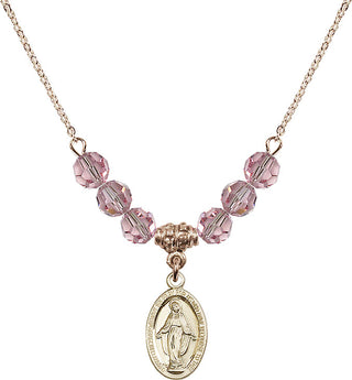 18" Hamilton Gold Plated Necklace with 4mm Light Rose Crystal Beads featuring a 14kt Gold Filled Miraculous Medal.