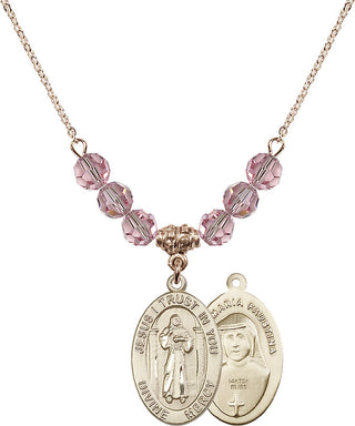 18" Hamilton Gold Plated Necklace with 4mm Light Rose Crystal Beads featuring a 14kt Gold Filled Divine Mercy Medal.