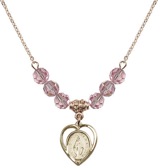 18" Hamilton Gold Plated Necklace with 4mm Light Rose Crystal Beads featuring a 14kt Gold Filled Miraculous Medal.