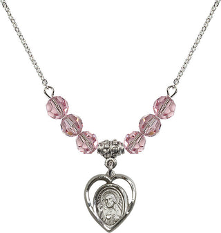 18" Rhodium Plated Necklace with 4mm Light Rose Crystal Beads featuring a Sterling Silver Scapular Medal.