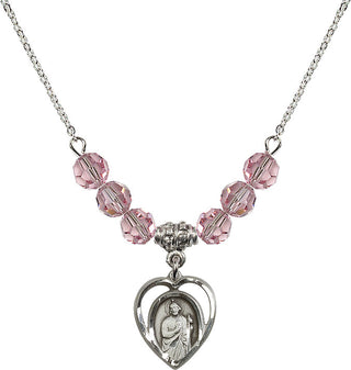 18" Rhodium Plated Necklace with 4mm Light Rose Crystal Beads featuring a Sterling Silver Saint Jude Medal.