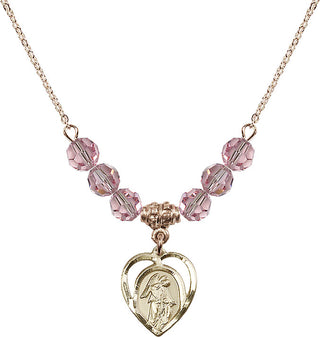 18" Hamilton Gold Plated Necklace with 4mm Light Rose Crystal Beads featuring a 14kt Gold Filled Guardian Angel Medal.