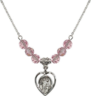 18" Rhodium Plated Necklace with 4mm Light Rose Crystal Beads featuring a Sterling Silver Guardian Angel Medal.