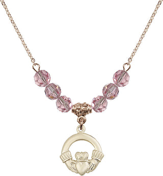 18" Hamilton Gold Plated Necklace with 4mm Light Rose Crystal Beads featuring a 14kt Gold Filled Claddagh Medal.