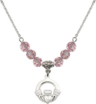 18" Rhodium Plated Necklace with 4mm Light Rose Crystal Beads featuring a Sterling Silver Claddagh Medal.